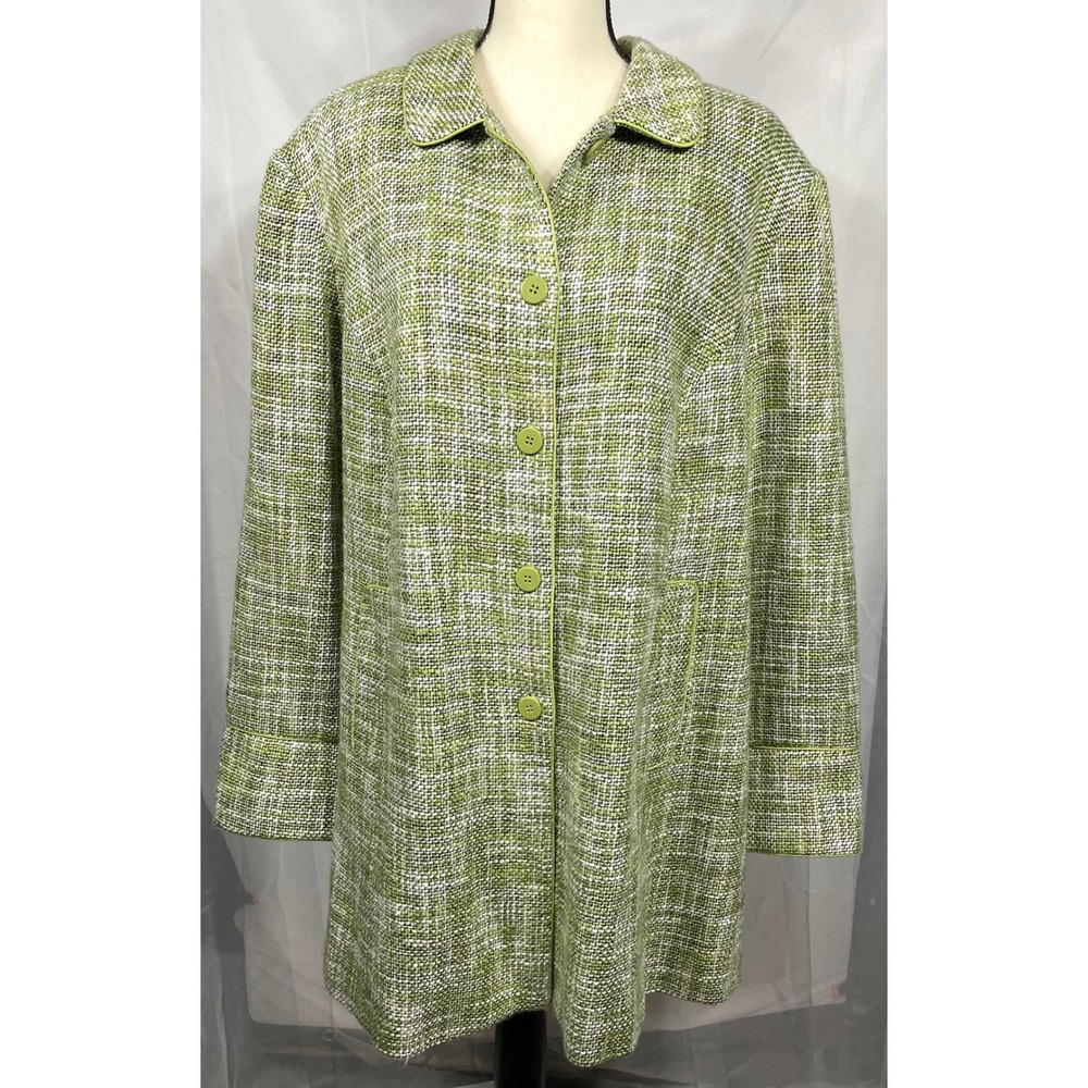 Dialogue Coat Womens 24 Green Linen Blend Tweed Button Front Mid Length Overcoat